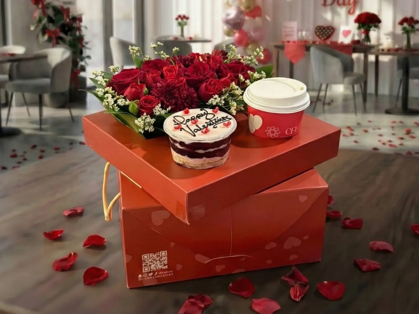 بوكس الحب الفاخر ( ورد، قهوة، كب كيك)