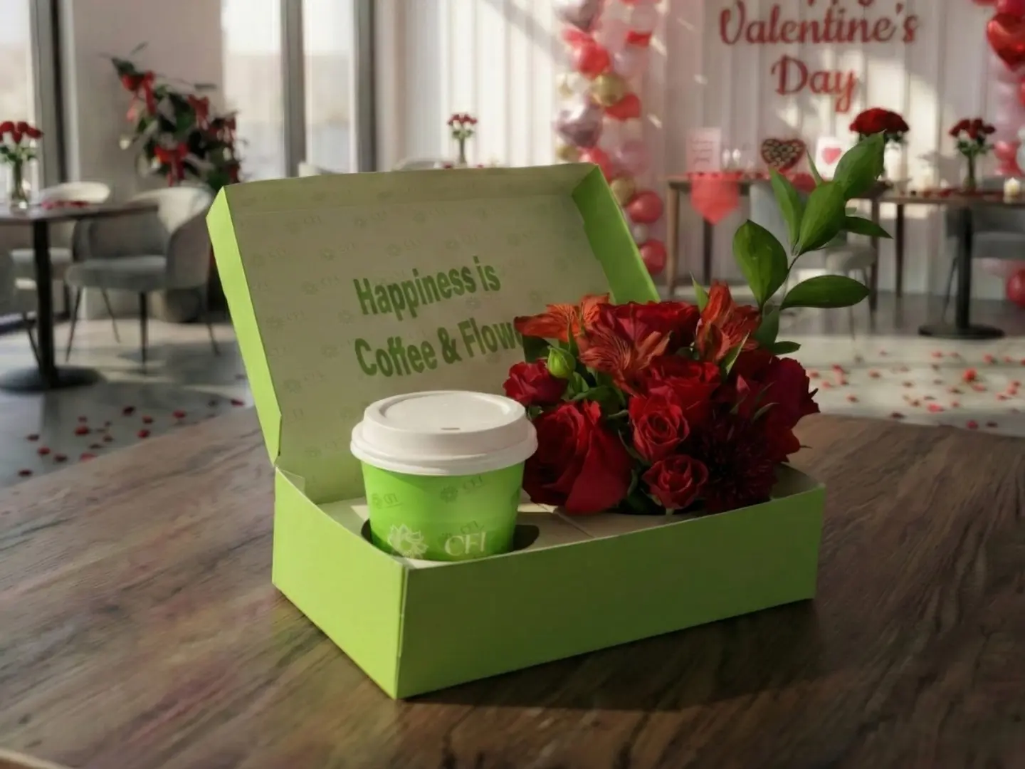 بوكس الفالنتاين (قهوة و ورود) وسط