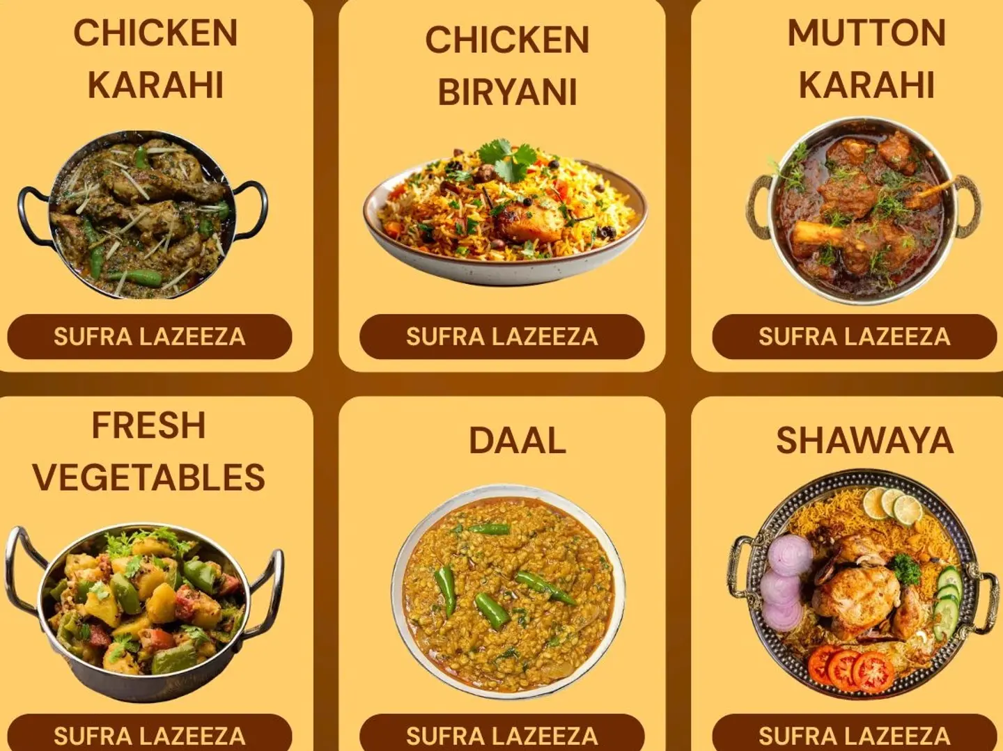 Mutton Karahi, Chicken Biryani, Chicken Karahi,Vegitable,Daal(Quarter)