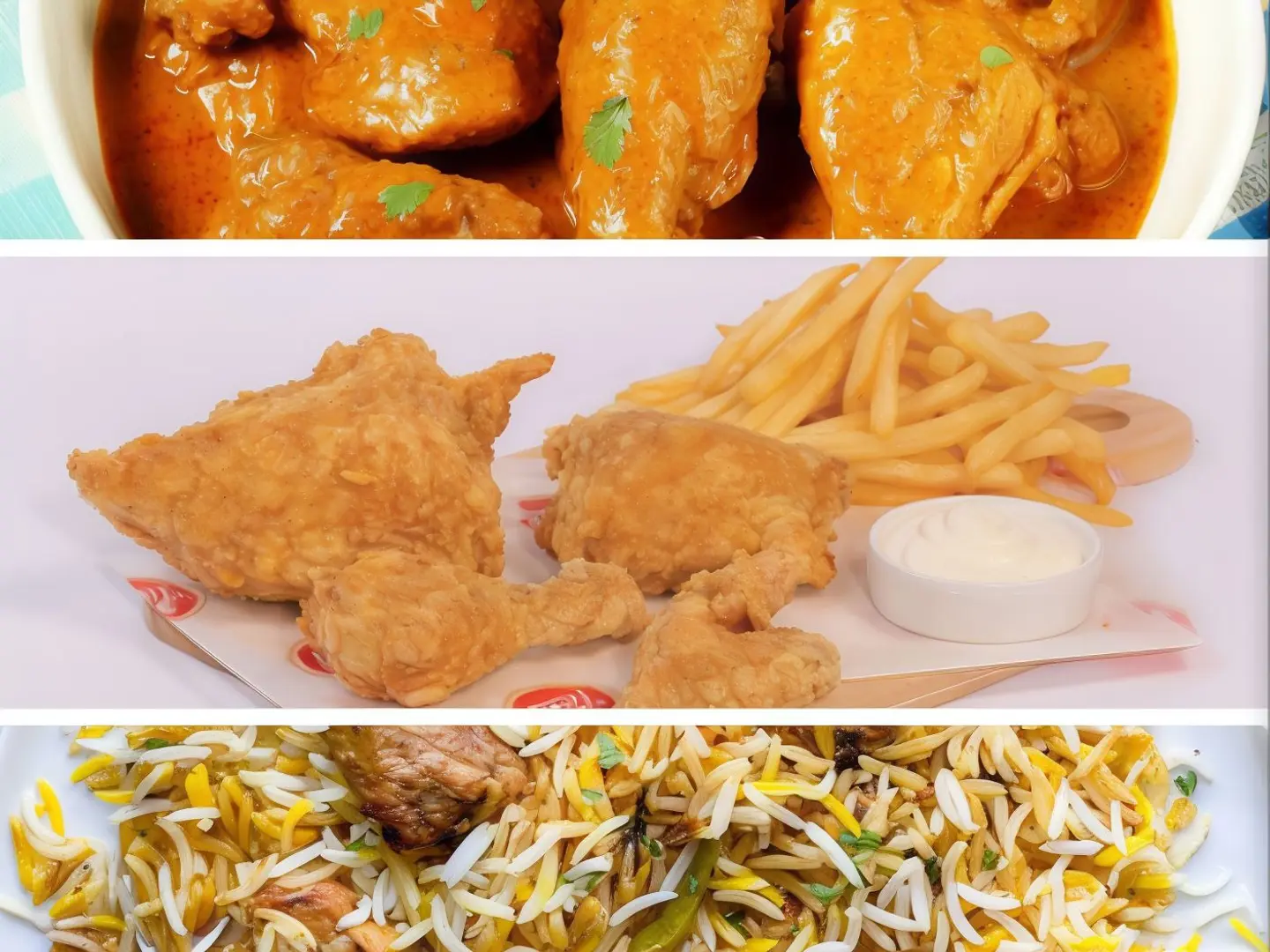 Chicken Broast(Normal) ,Chicken Biryani ,Chicken Qorma,