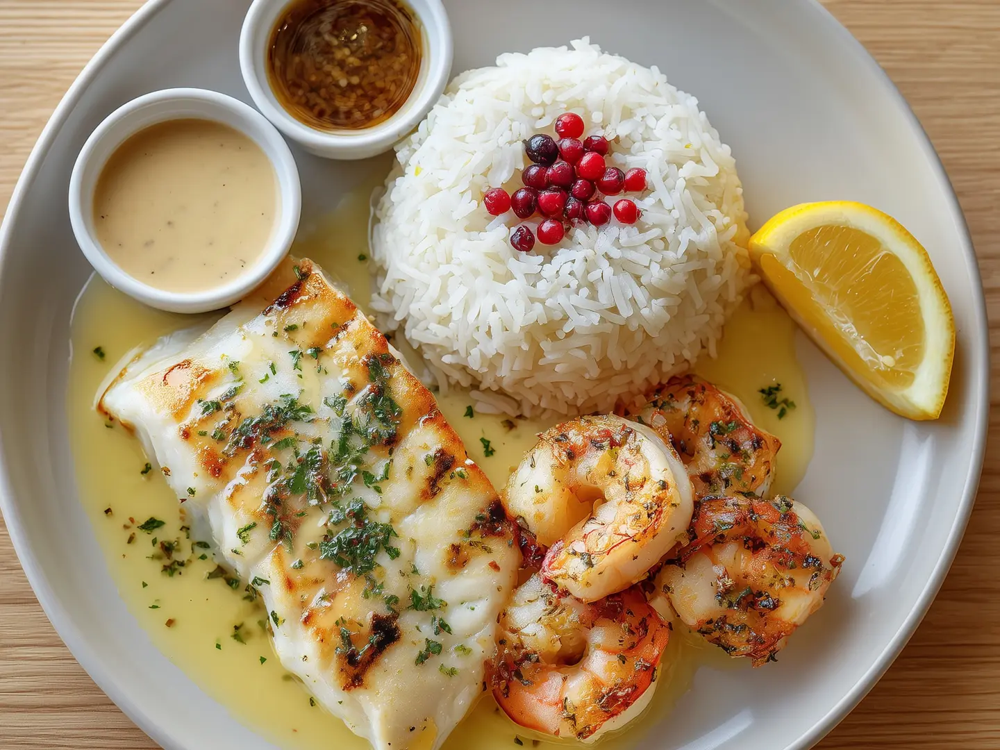 Grilled Fish Fillet And Shrimp With Rice
