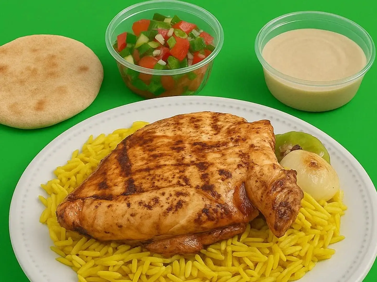 Roasted Chicken In The Oven With Rice, Salad, And Brea