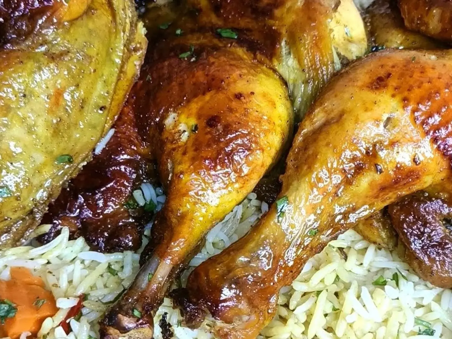 Half Roasted Chicken In The Oven With Rice And Salad