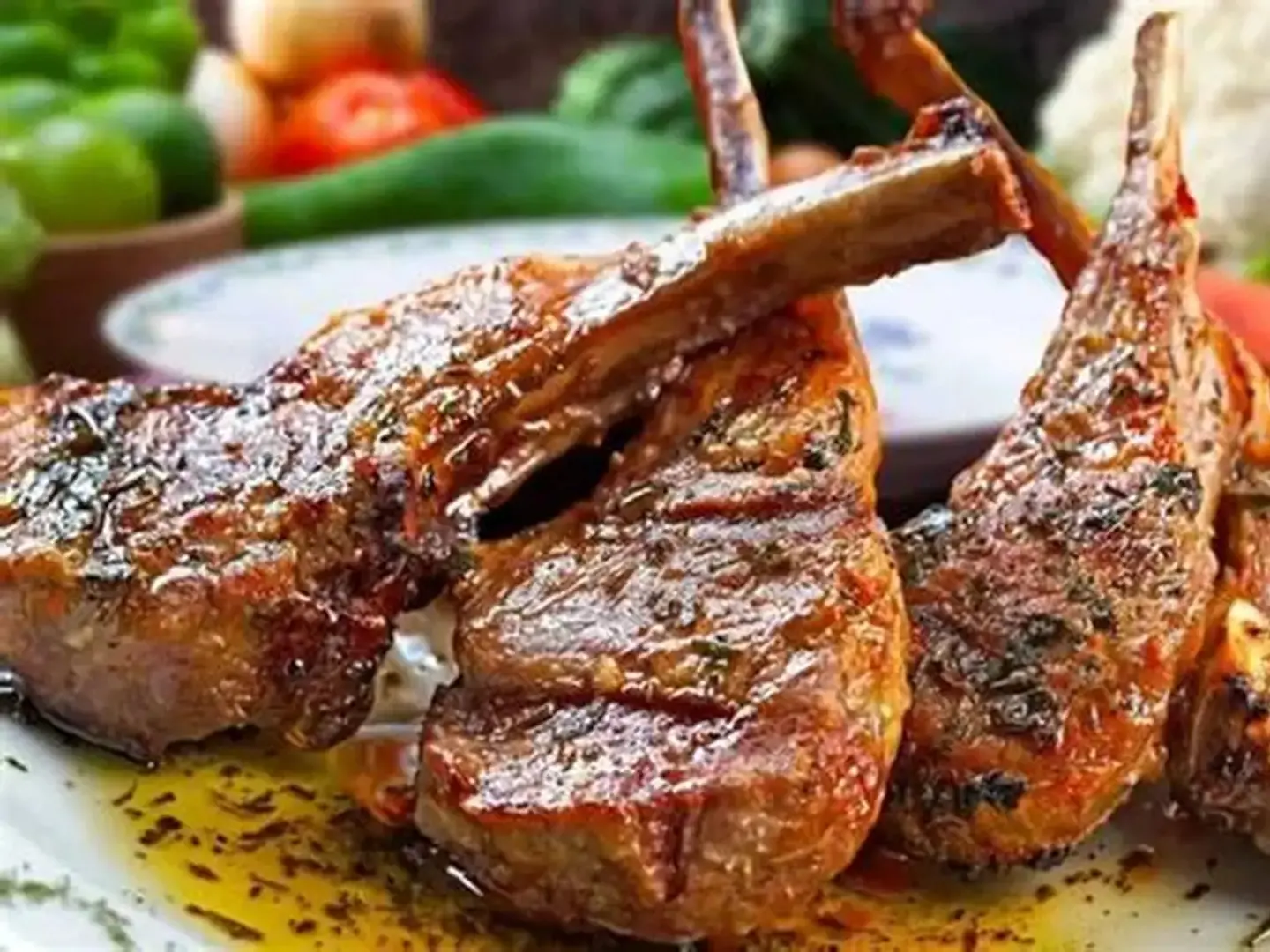 Grilled Ribs With Rice And Salads