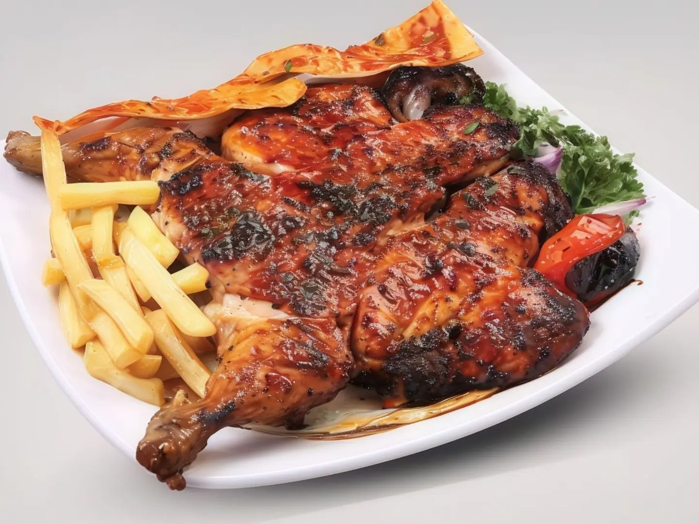 وجبة نص فرخة على الفحم مع الارز والشوربة والايدام