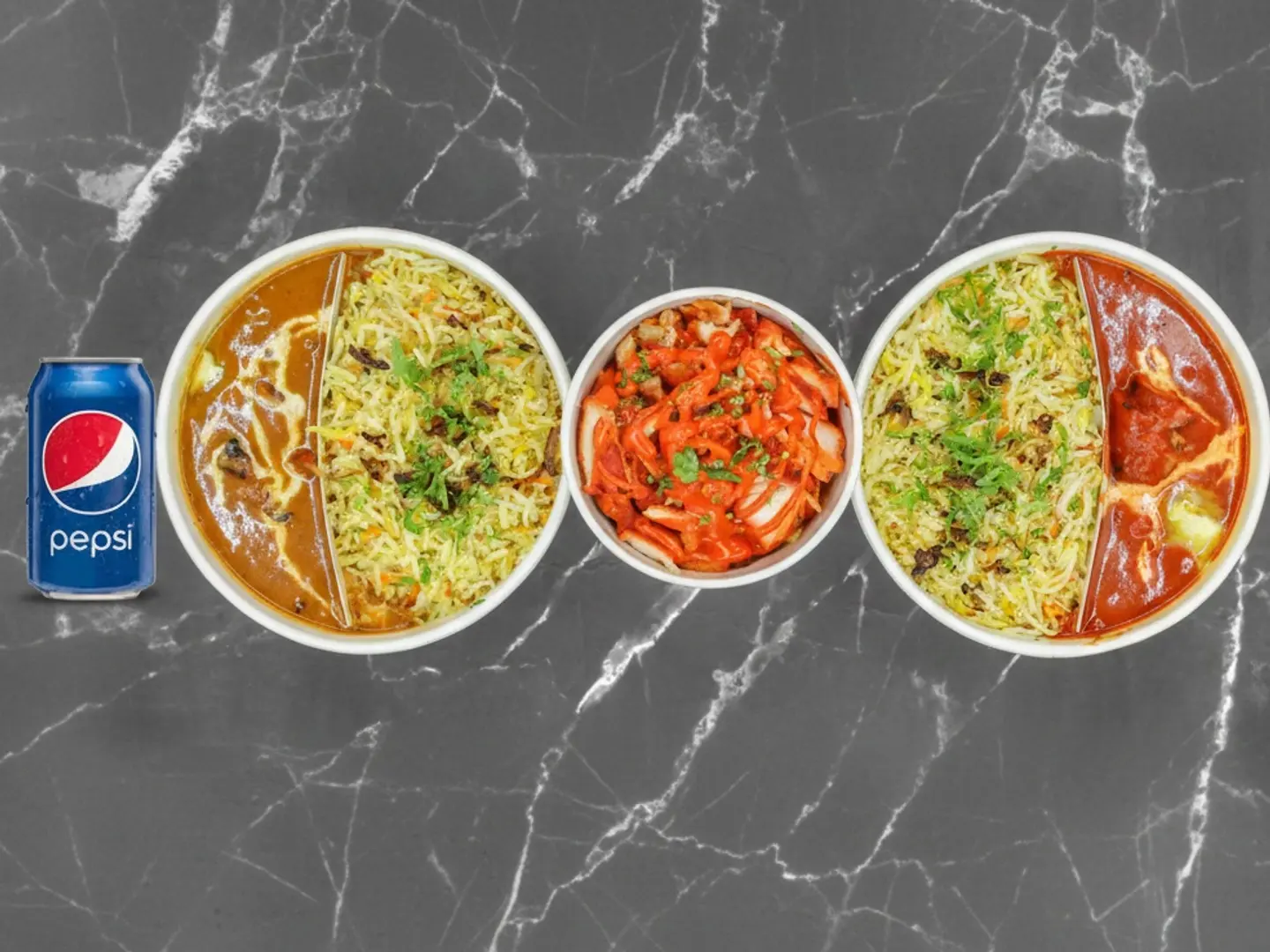 برياني تكا مسالا , بتر تشكن برياني , تكا فرايز مع مشروب غازي