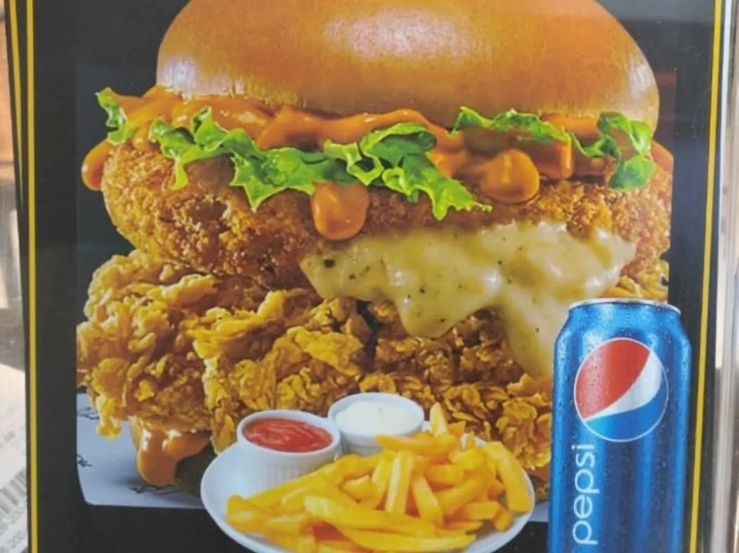 Siracha Meal With Chicken, Mozzarella Cheese, Sliced Cheese, A Cup Of Fries, And American Sauces