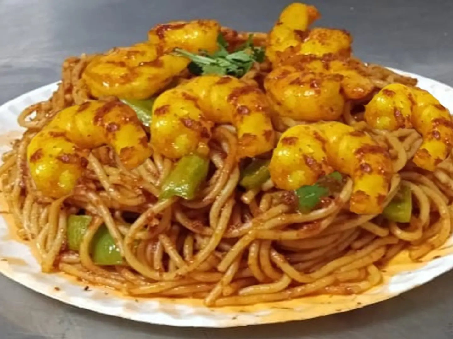 Pasta With Crispy Jumbo Shrimp And American Sauces, Prepared In A Special Way