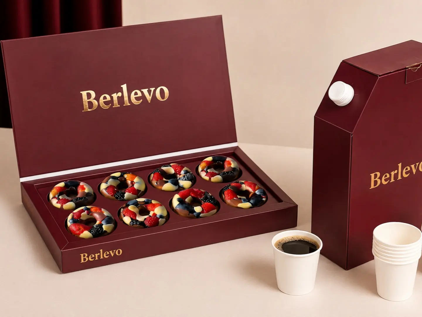 Specialty Coffee And Fruit And Belgian Chocolate Donuts. - 8 Pieces With Specialty Coffee