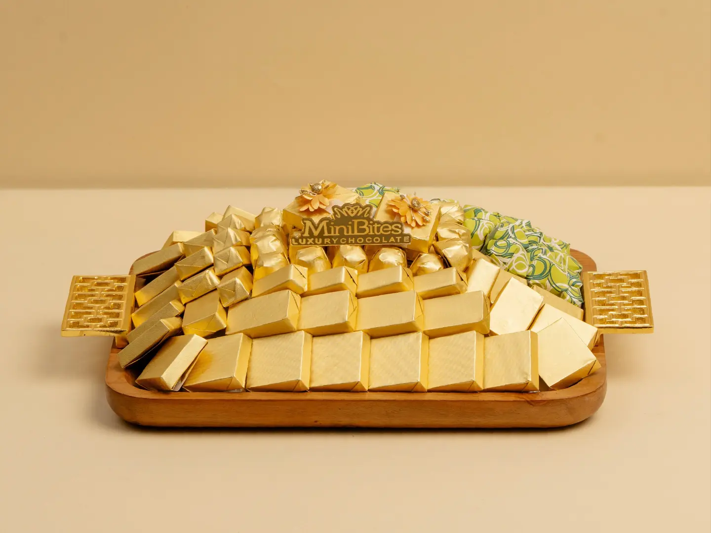 Rectangular Wooden Tray Gold Wrapped Chocolate