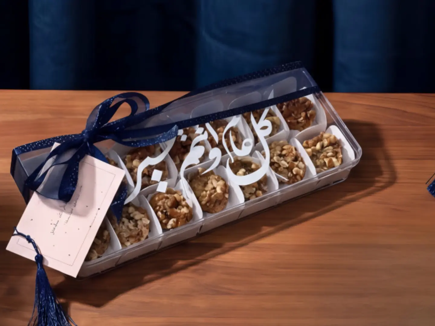 Acrylic Box, Eid Mubarak, 14 Pieces Pecan Bites With Gift Card