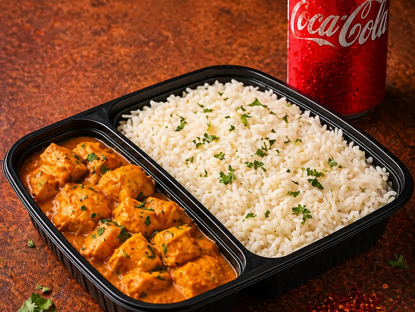 عرض دجاج بالزبدة مع أرز أبيض ومشروب