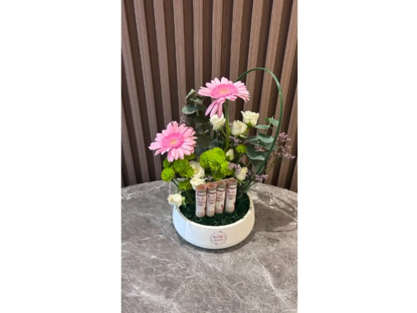 White Vase With Gerbera, Spray Roses, And Chrysanthemums.