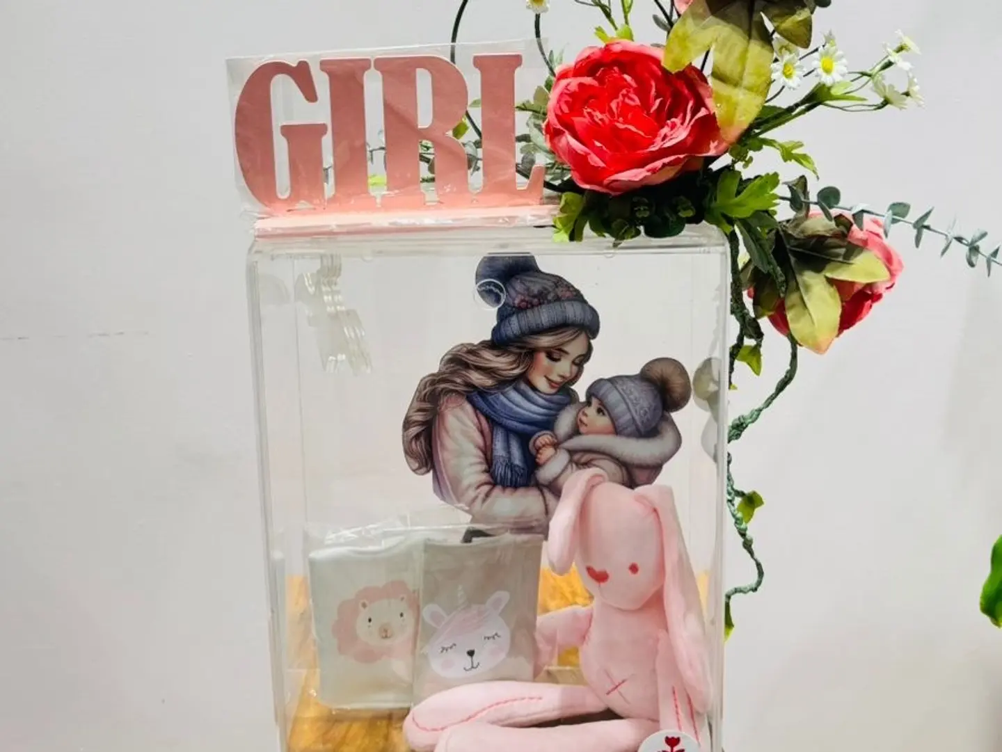 Artificial Flower And Acrylic Arrangement With A Rabbit Toy, A Suitable Gift For A Newborn.