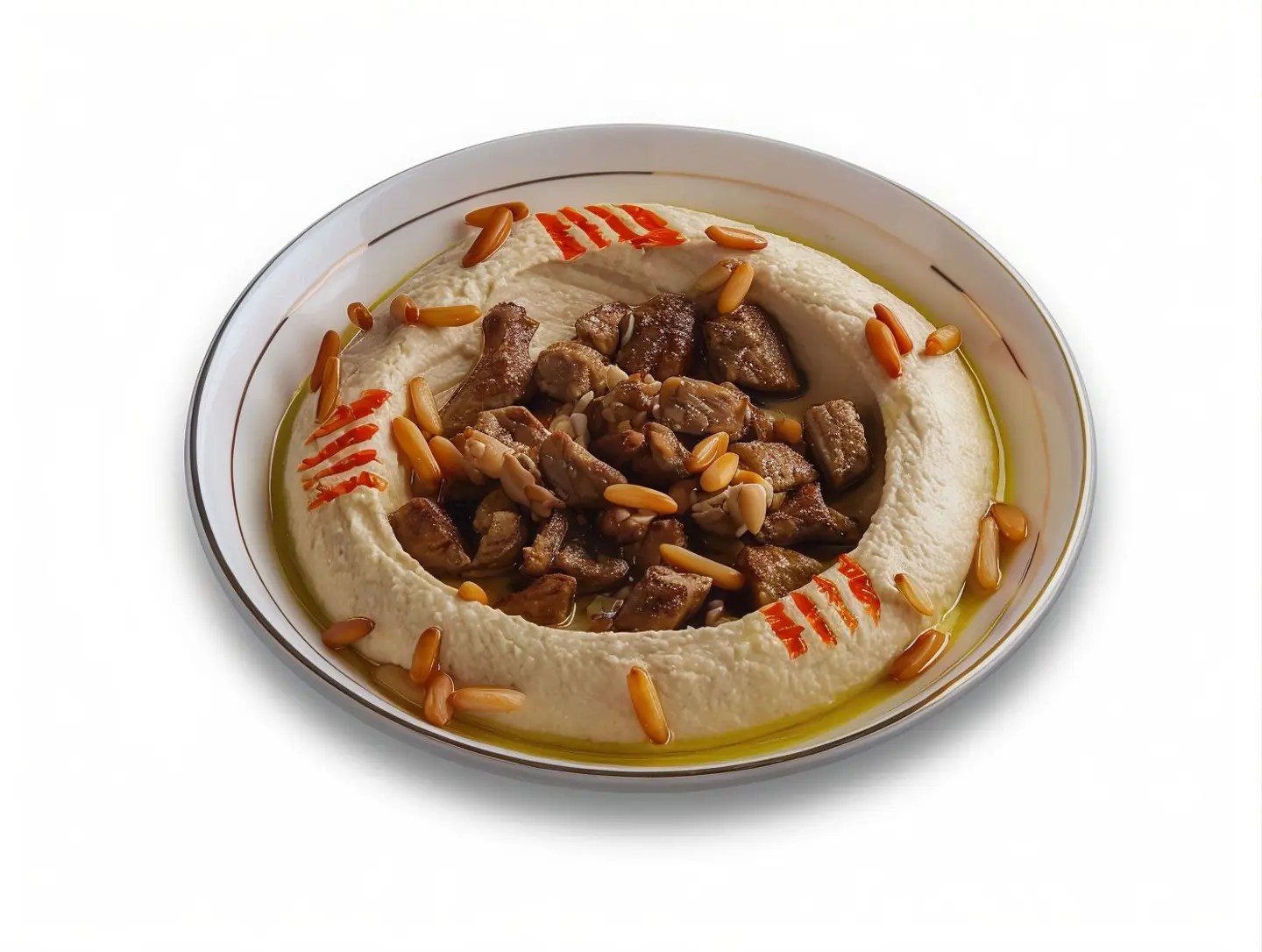 Hummus With Meat And Pine Nuts