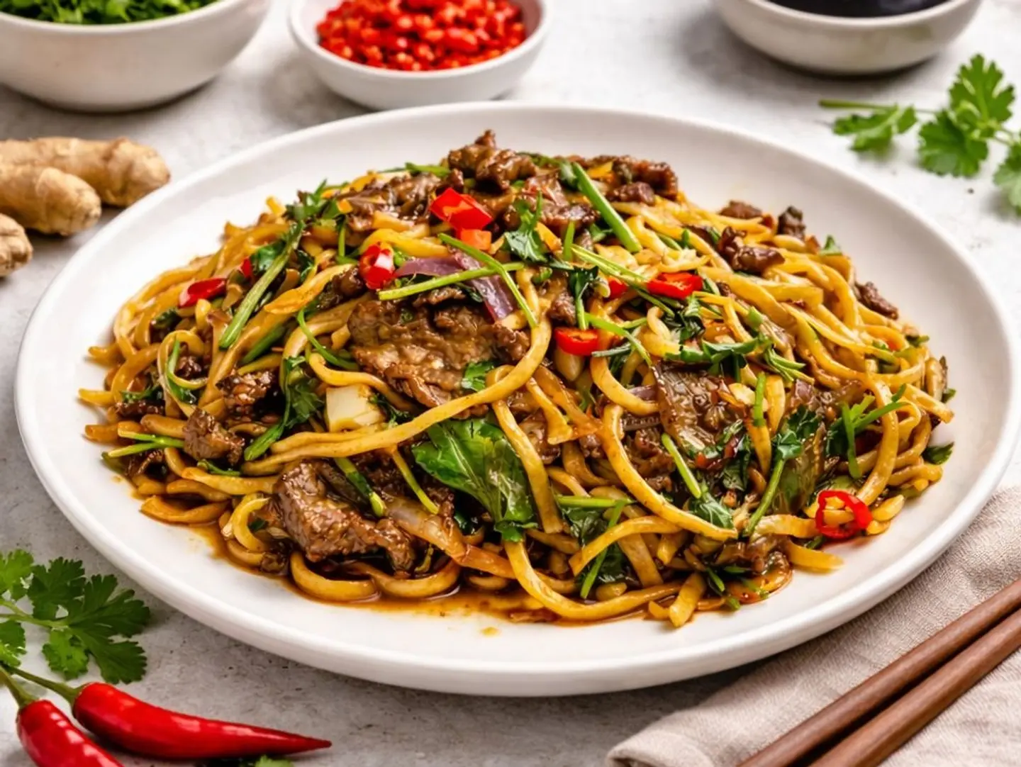 Fried Noodles With Spicy Stir Fried Beef