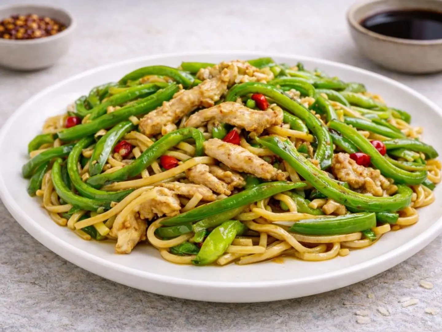 Fried Noodles With Chicken Shreds And Green Chili