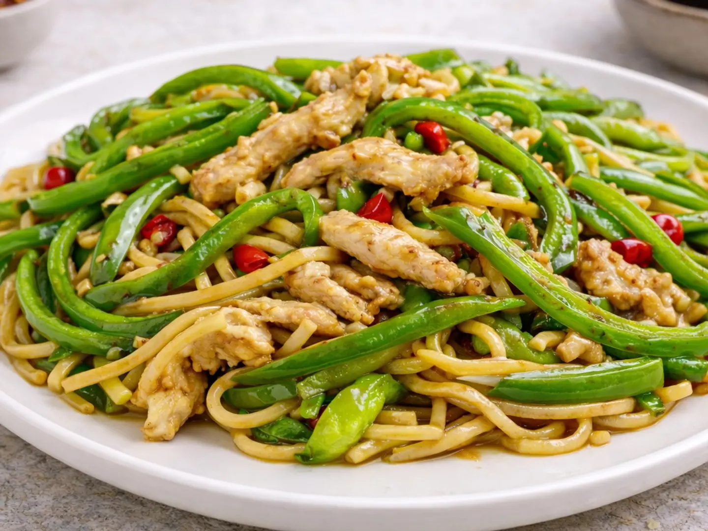 Stir Fried Noodles With Sliced Chicken And Green Pepper