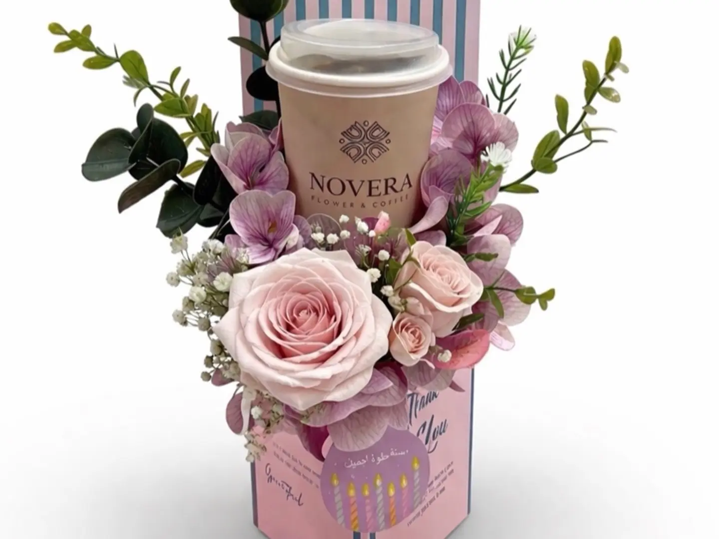 A Decorated Bag Of Roses Served With Coffee