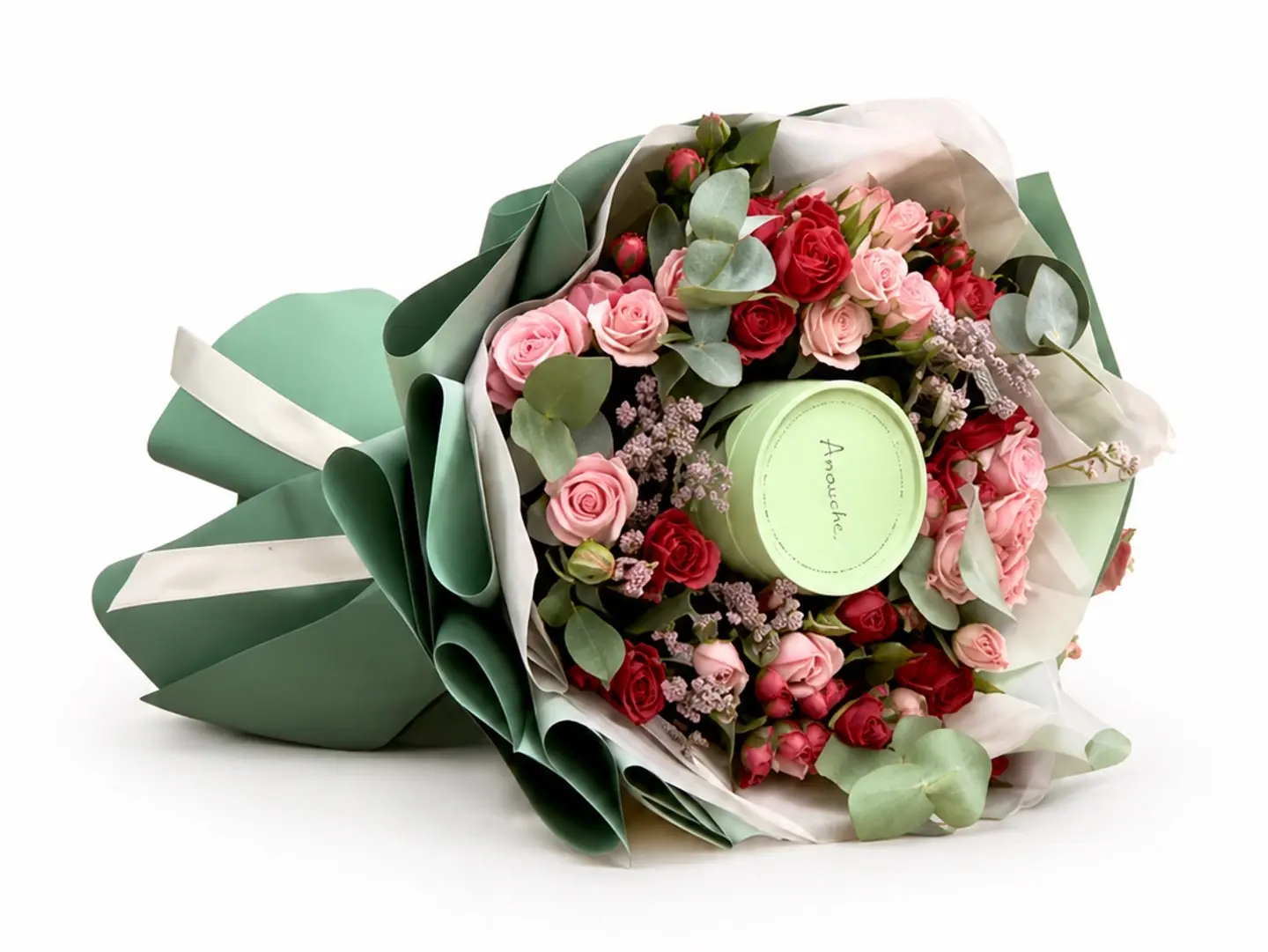 A Vibrant Bouquet Of Roses With A Box Of Anoush Chocolates