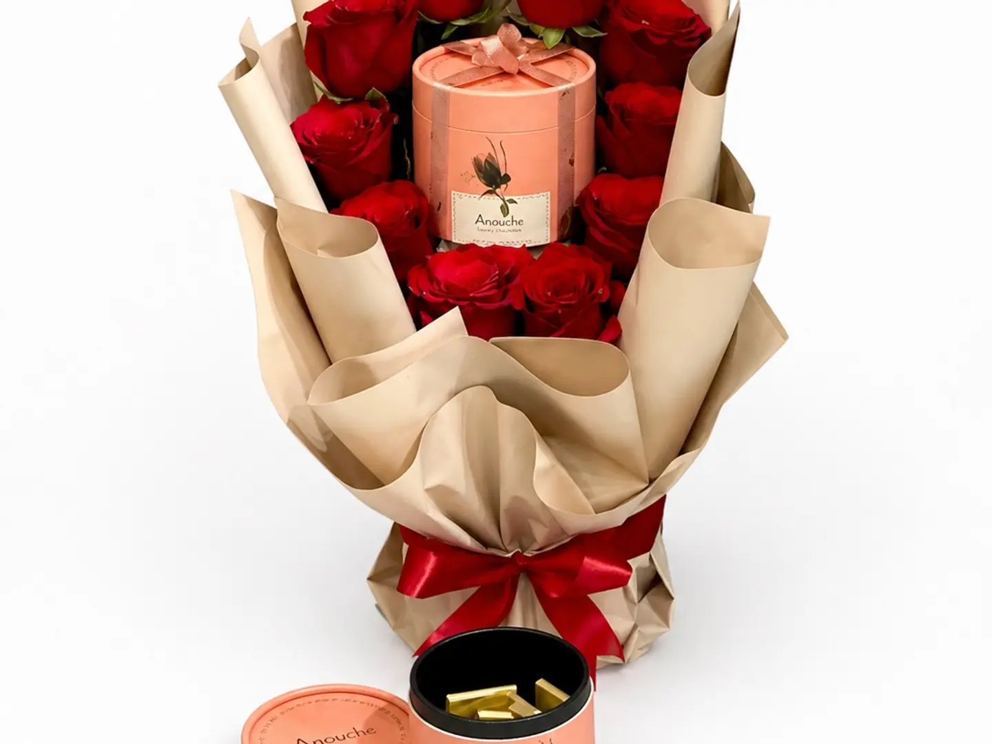 A Bouquet Of Red Roses With A Box Of Anoush Chocolates