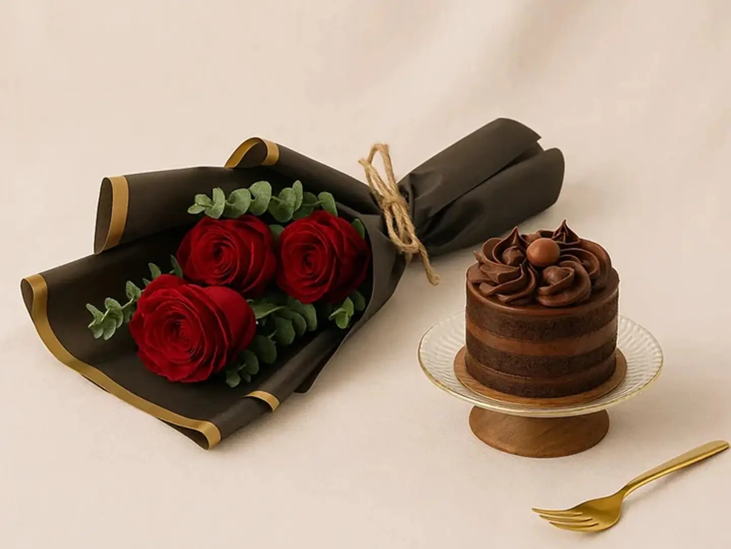 كعكة الشوكولاتة الصغيرة مع باقة ورد أحمر