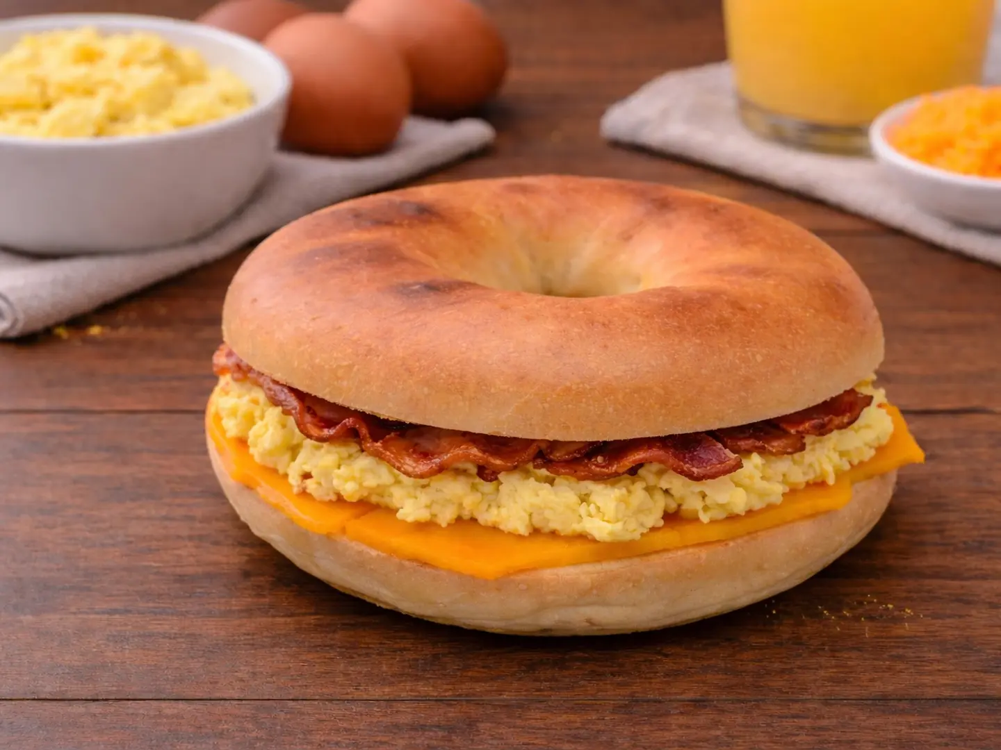 خبز البيغل - بيض وجبن مع لحم مقدد