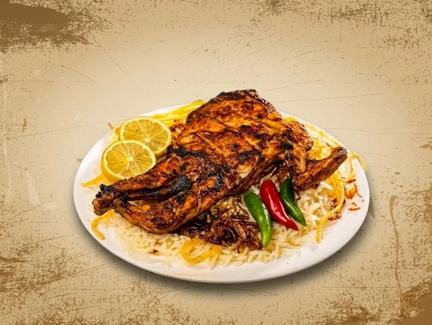 نصف دجاج على الفحم أرز بشاور