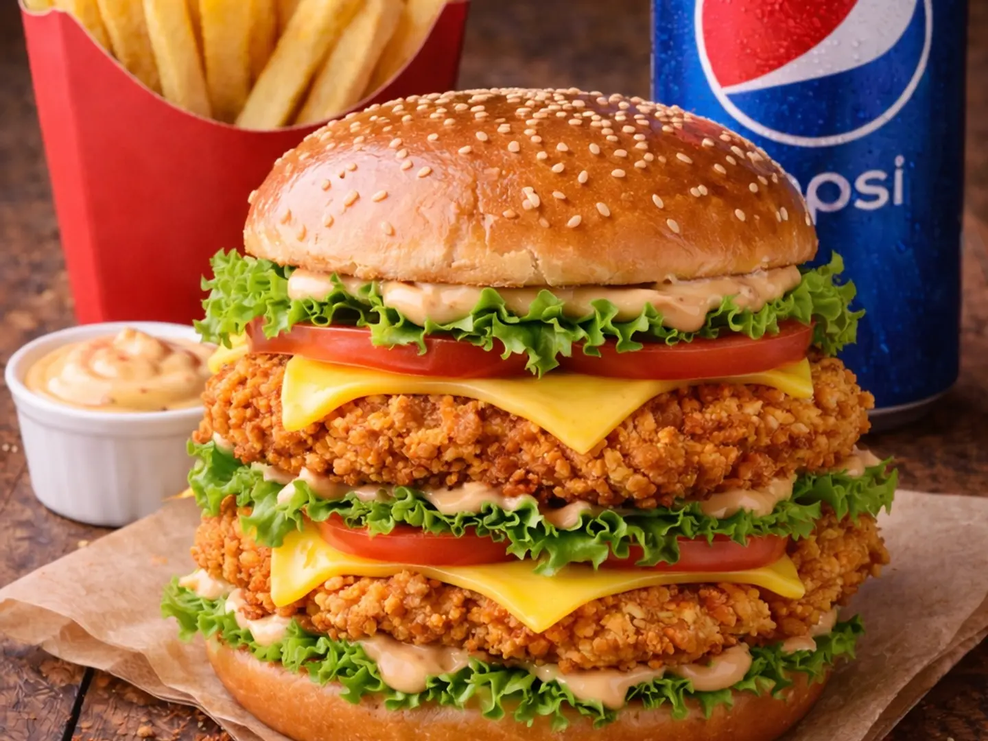 Double Crispy Burger Meal With 1 Fries And 1 Drink