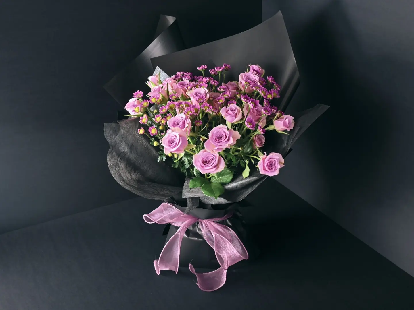 Purple Flower Bouquet With Black Packaging