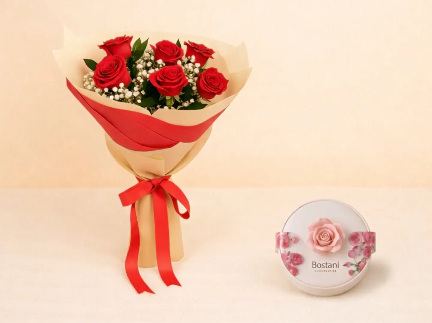 باقة زهور حمراء من مجموعة جمال الحب مع علبة شوكولاتة بوستاني