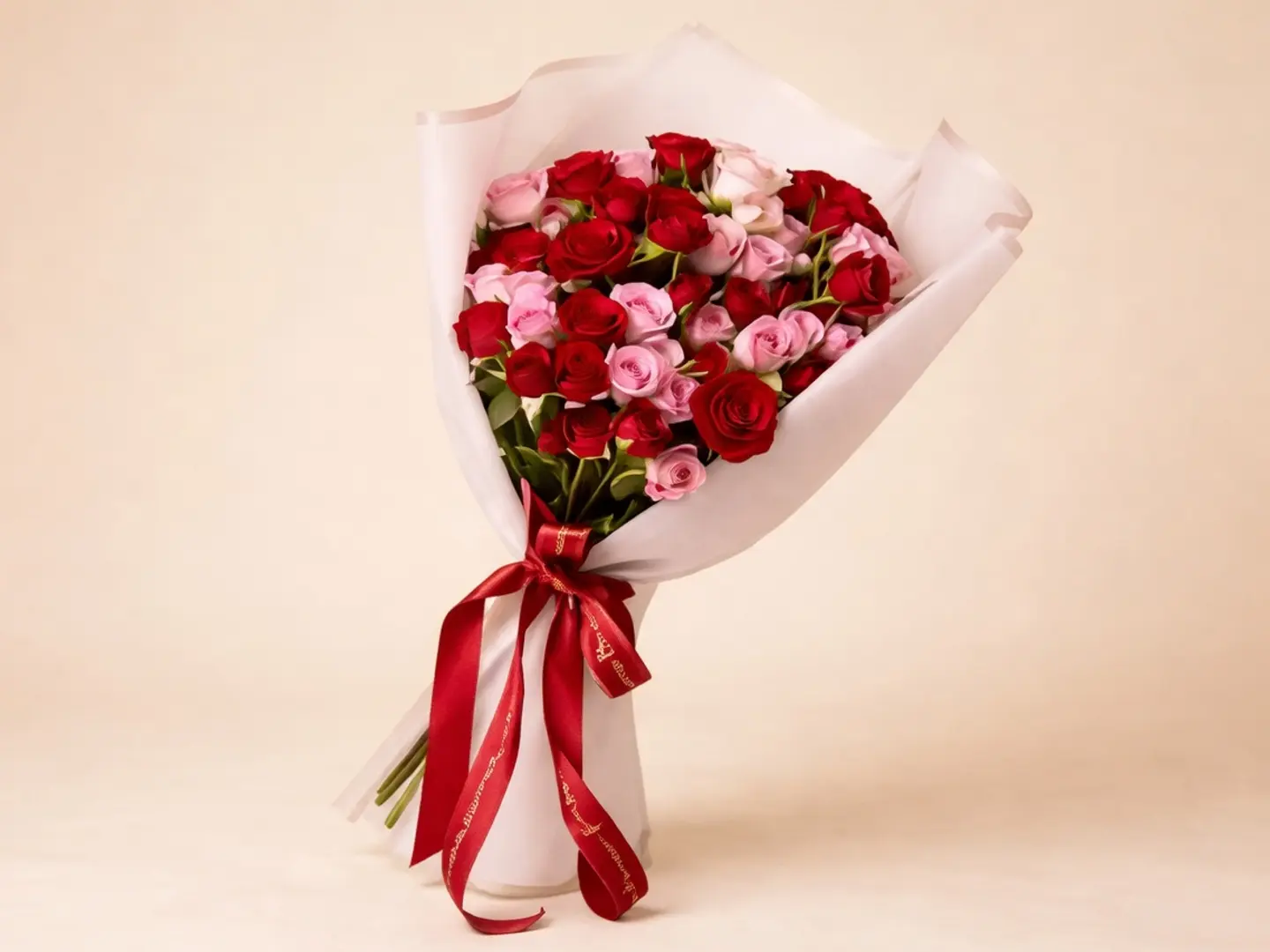 باقة من ورود الرش الوردية والحمراء مع تغليف أنيق لها