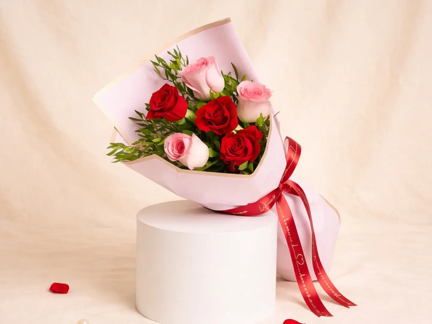 باقة زهور حمراء ووردية لها