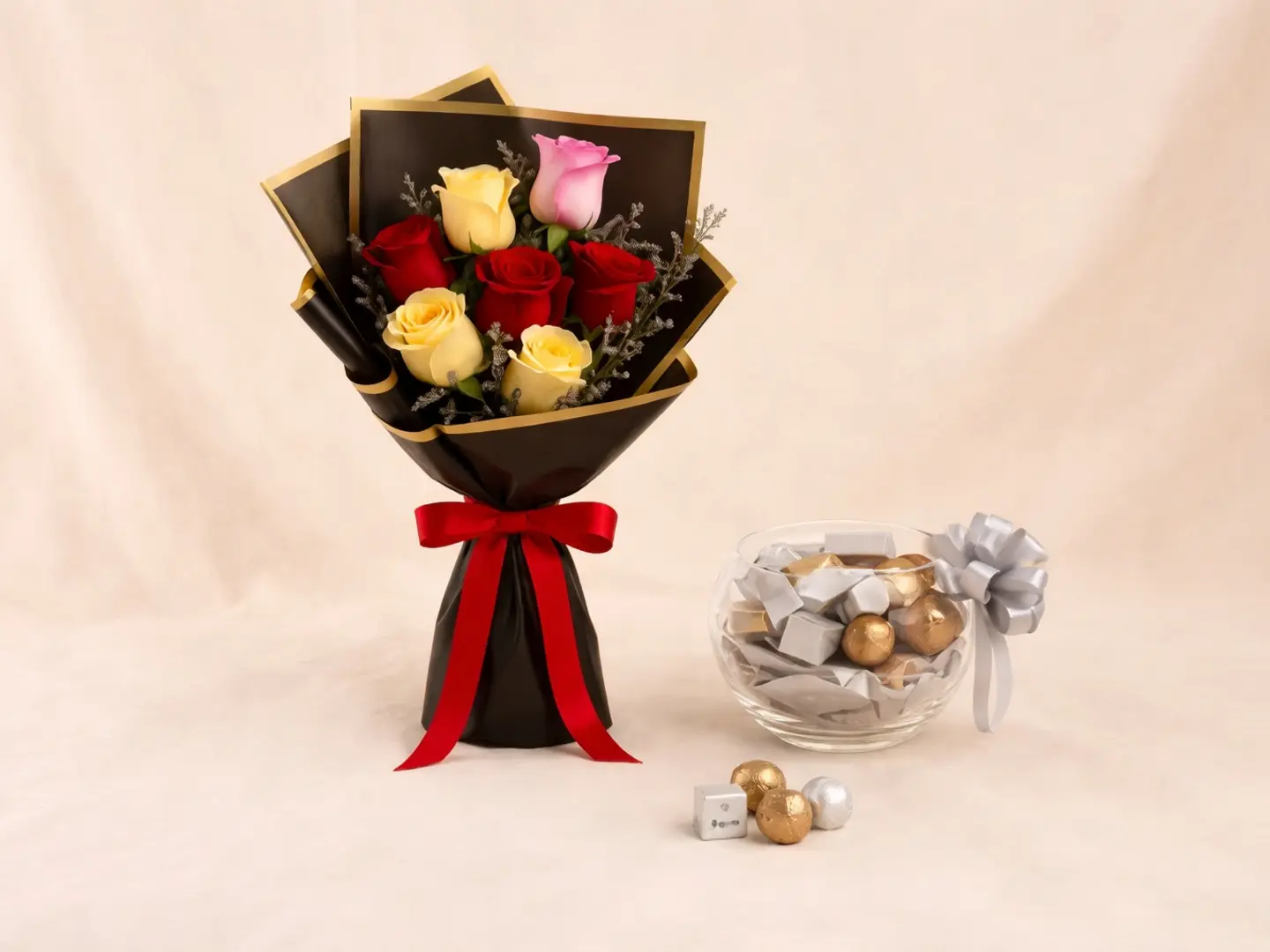 Mix Rose Flower Bouquet With Patchi Chocolate Nice Packaging