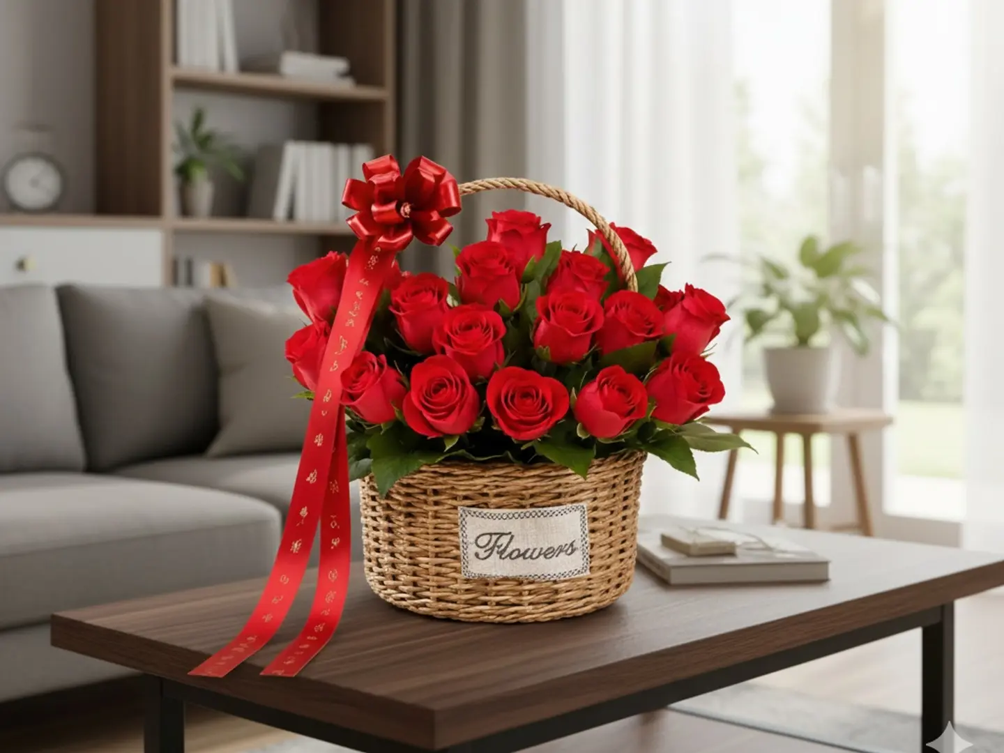 سلة زهور حمراء بلمسة رومانسية