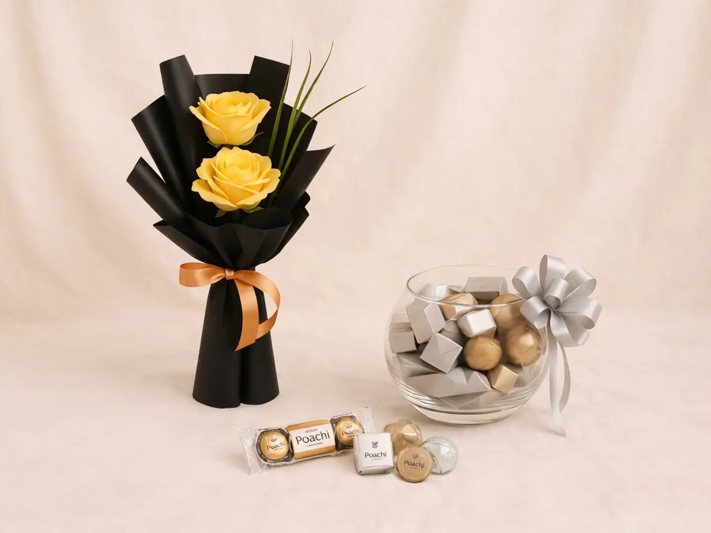 Yellow Rose Flower Bouquet And Chocolate Combo