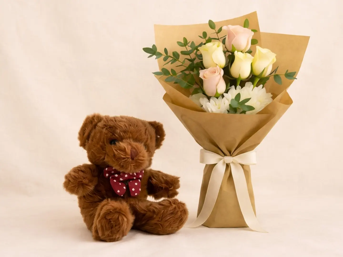 White Mix Flower Bouquet With Brown Teddy Bear