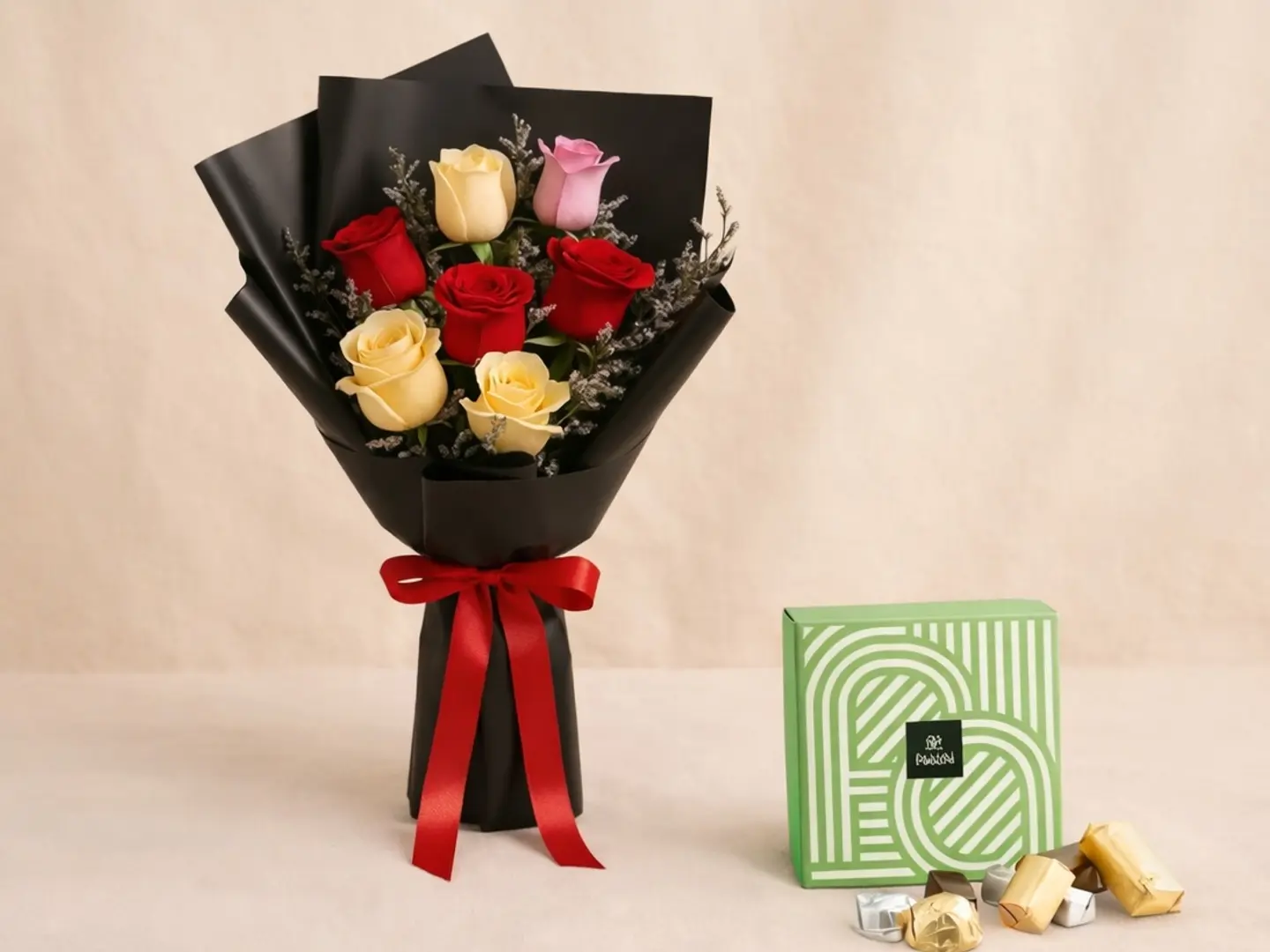 Beautiful Mix Roses Bouquet With Patchi Chocolate Box