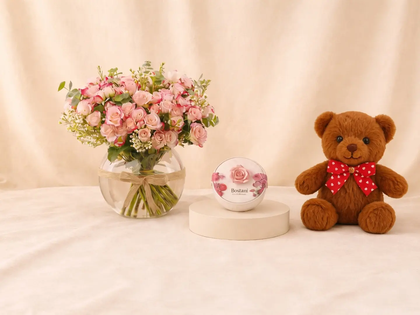 Bostani Round Rose Chocolate With Flower Vase And Teddy Bear