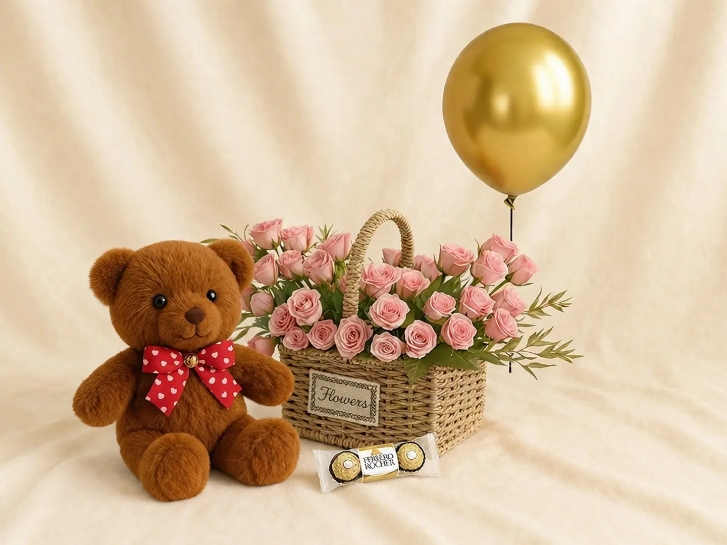 سلة هدايا مزينة بباقات من الورود الصغيرة لها