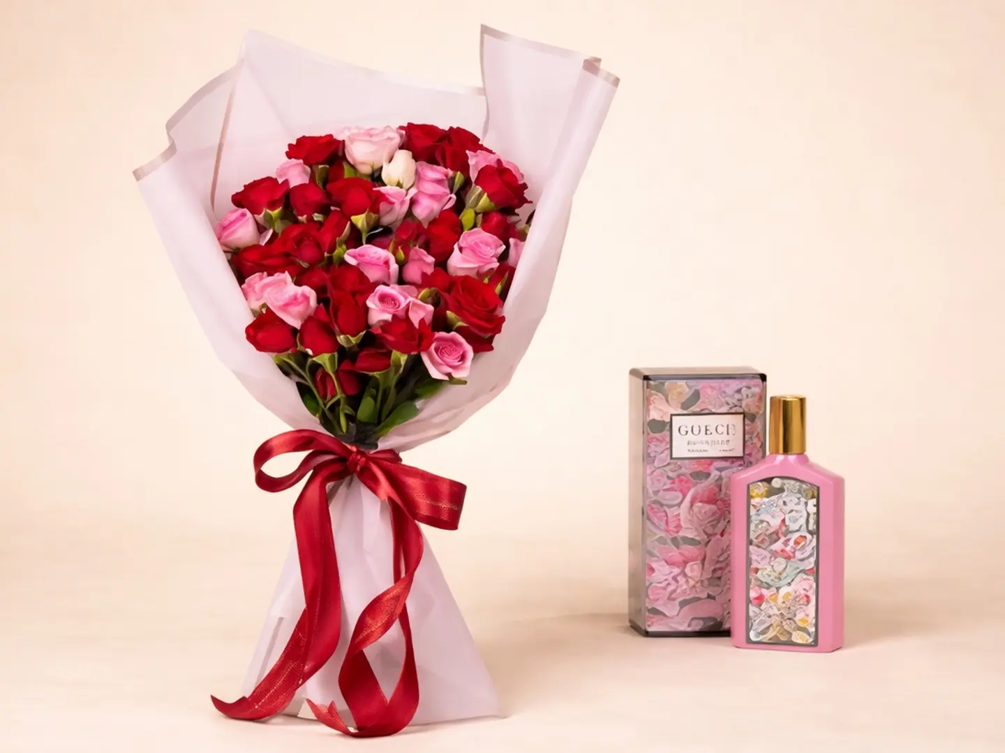 Pink And Red Spray Rose Bouquet With Gucchi Flora P Erfume For Her