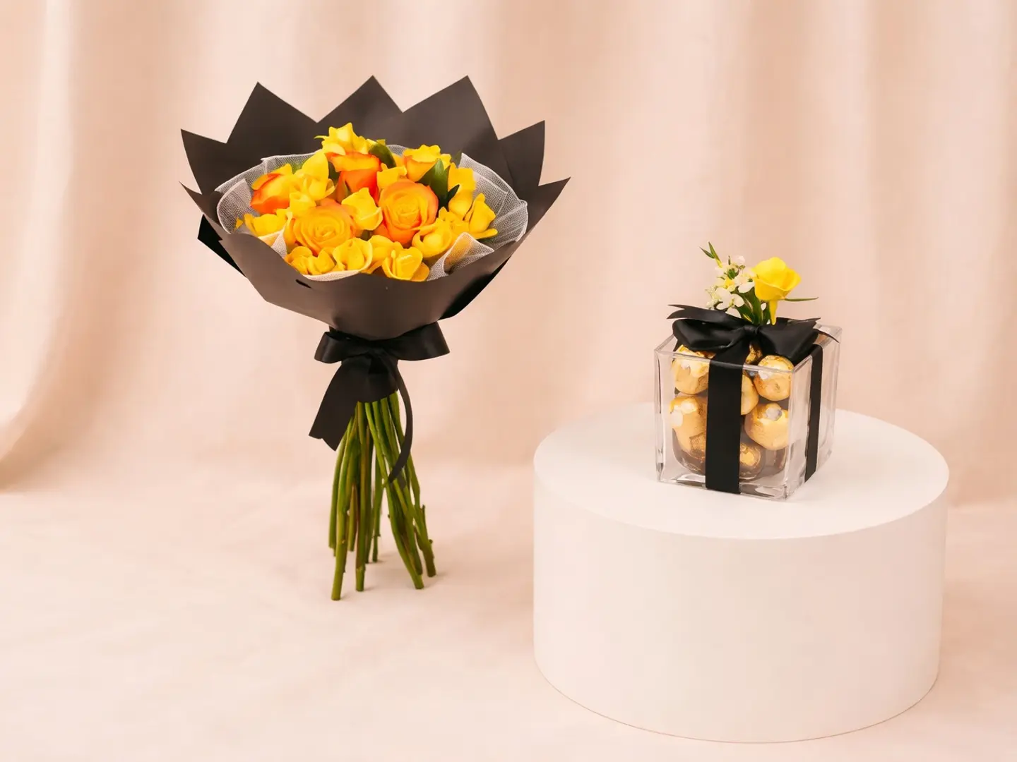 Orange And Yello Combo With Ferrero Rocher Chocolate Vase