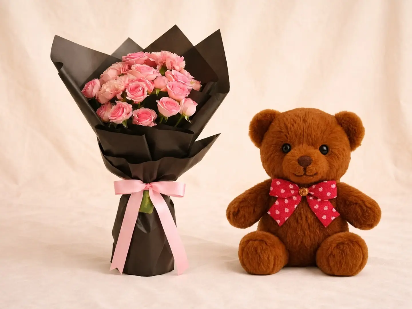 Pink Spray Rose And Carnatin Bouquet With Brown Teddy Bear