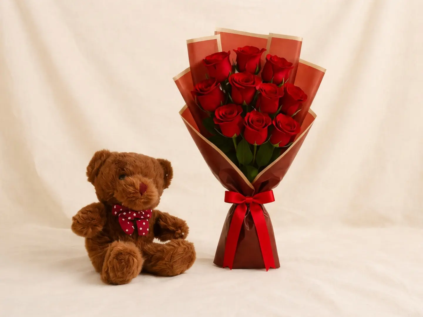 10 Red Rose Bouquet With Brown Teddy Bear