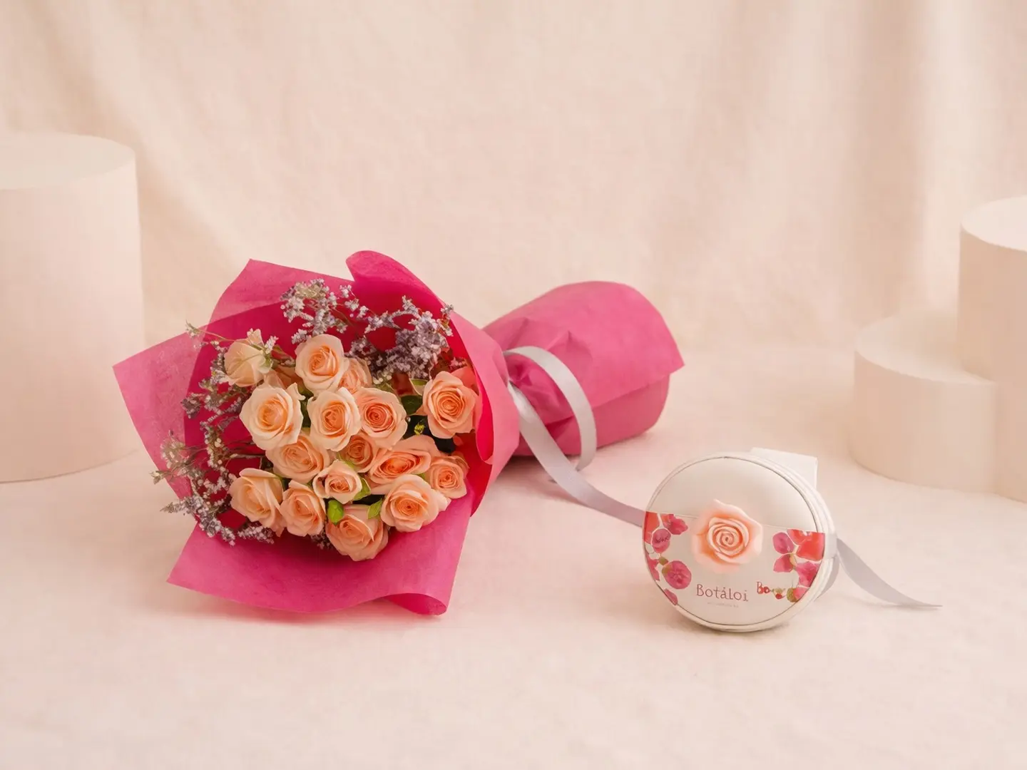 Spray Rose Bouquet And Bostani Round Rose Chocolate Box