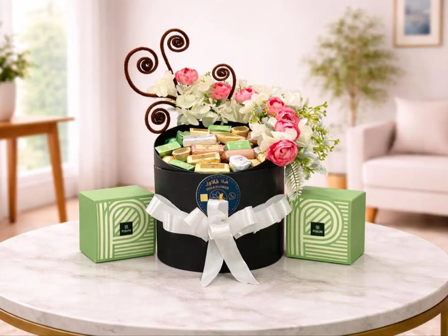 علبة شوكولاتة فاخرة بتصميم أنيق مزينة بالزهور والباتشي