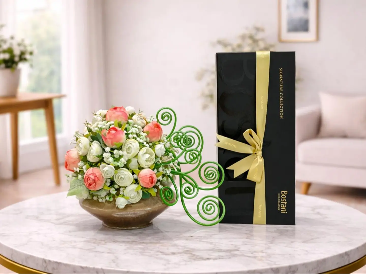 علبة شوكولاتة بوستاني المميزة ومجموعة هدايا أنيقة من تنسيقات الزهور