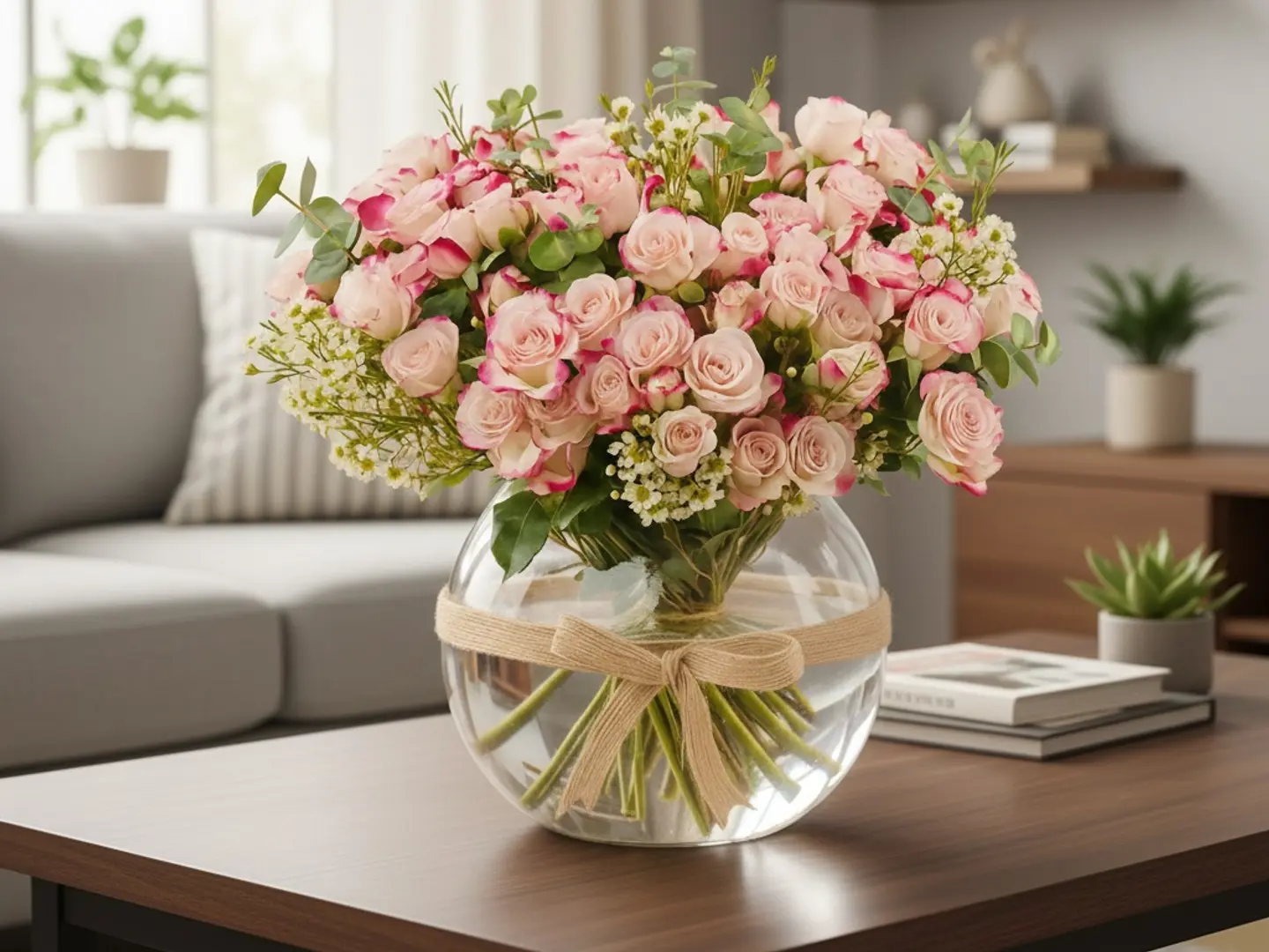 مزهرية رائعة من الورود الوردية الصغيرة