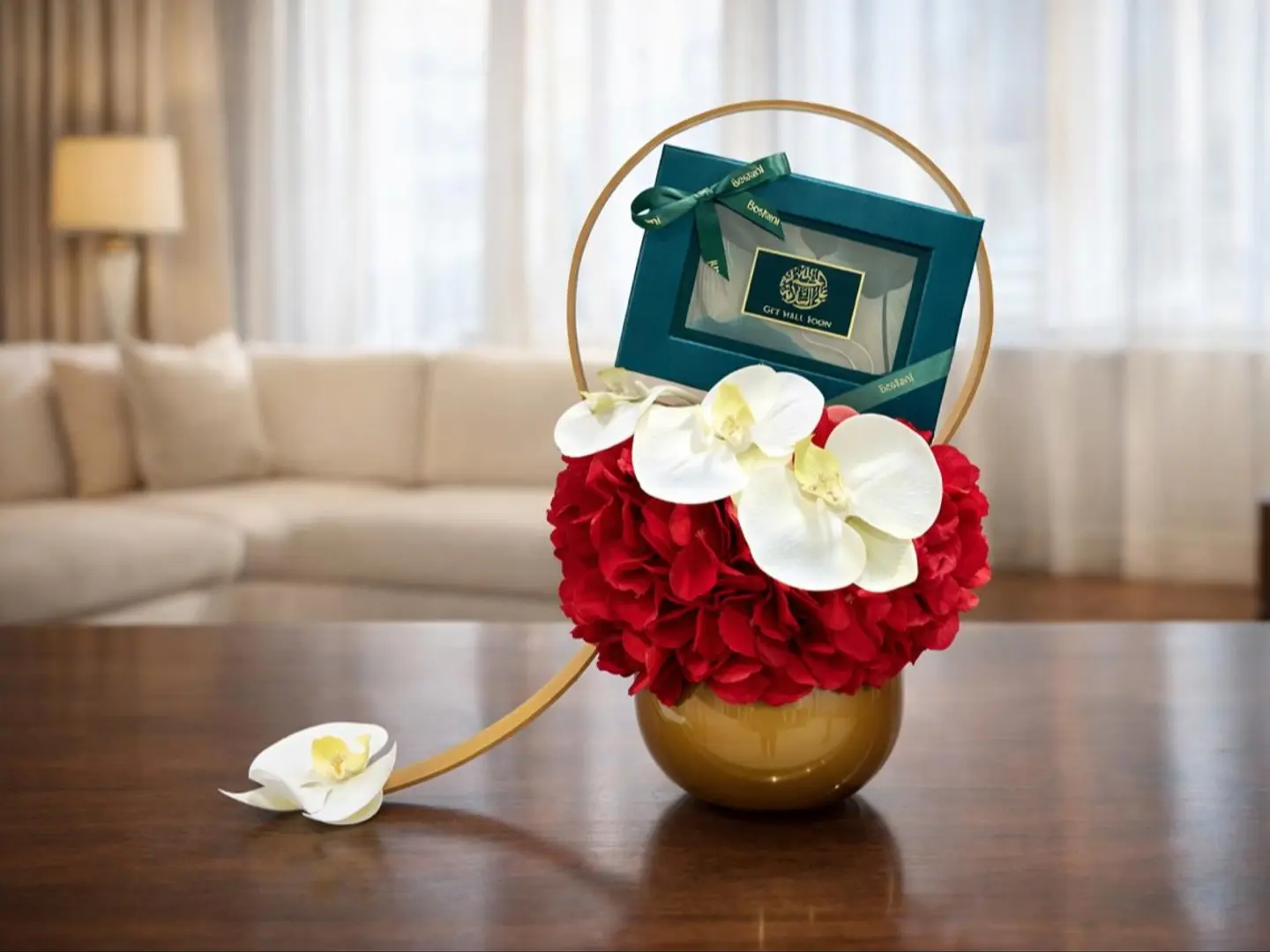 باقة زهور وشوكولاتة فاخرة من بوستاني للتمني بالشفاء العاجل، باللون الأحمر