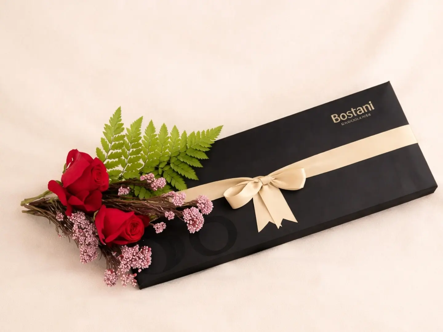 علبة شوكولاتة بوستاني المميزة مع باقة زهور